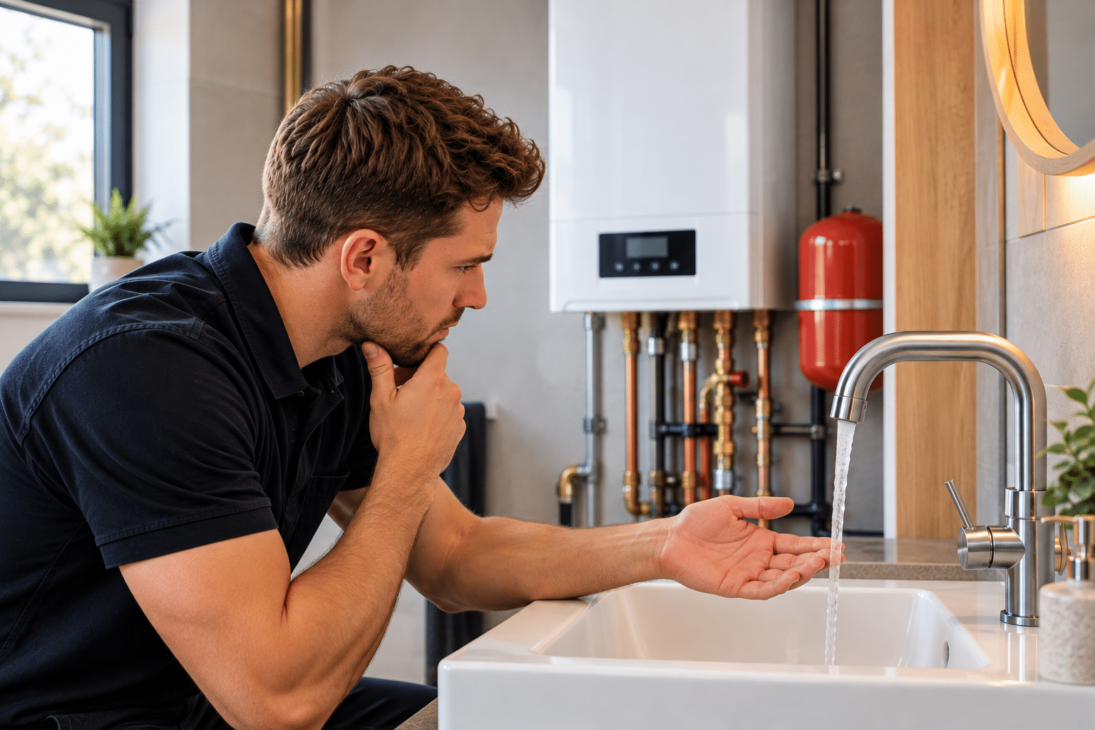 Man Controleert Kraanwater Bij Verwarmingsketel